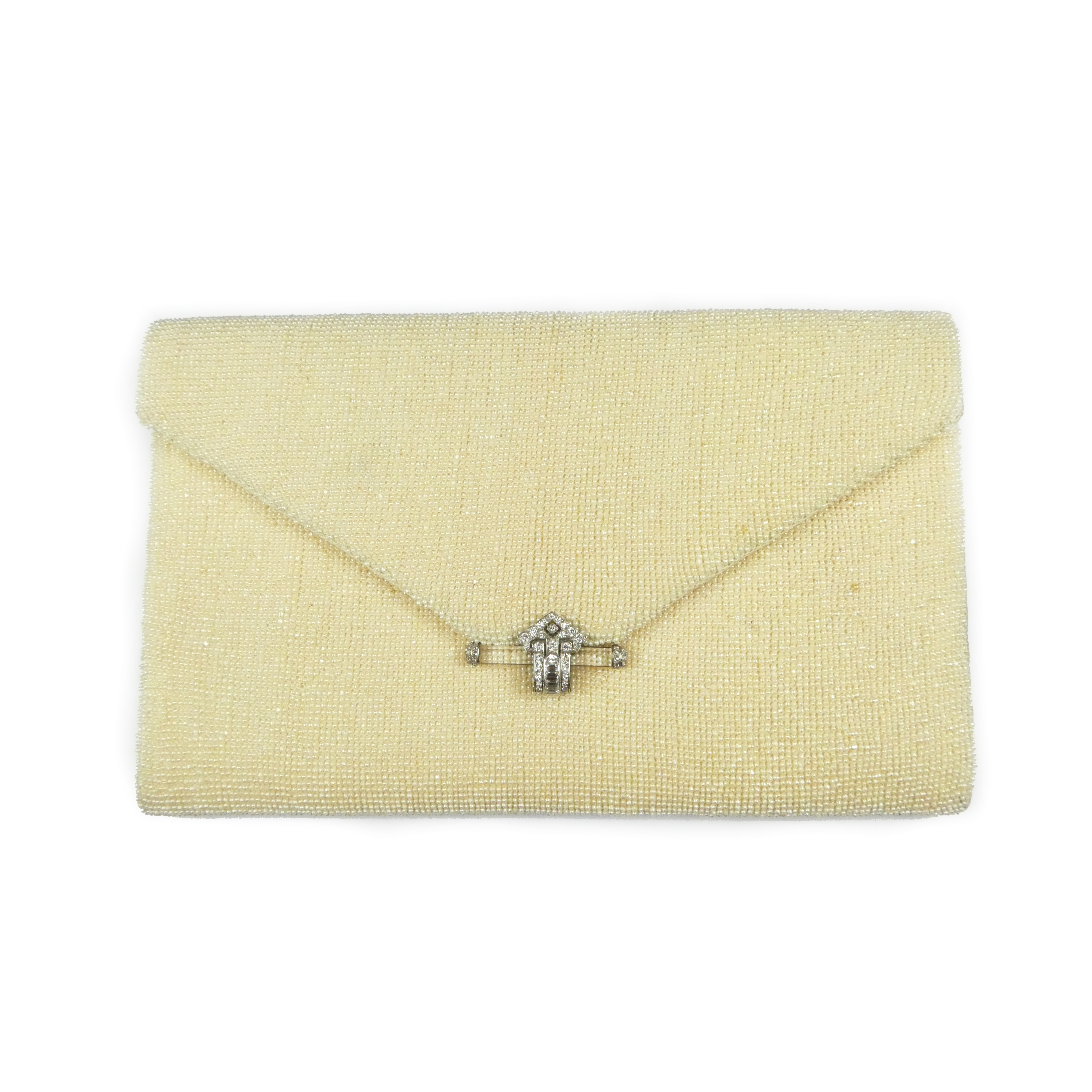 Woven seed pearl clutch bag with diamond and crystal clasp